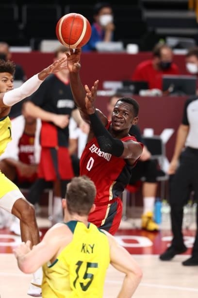 Isaac Bonga of the Germany Men's National Team passes the ball during the game against the Australia Men's National Team during the 2020 Tokyo...