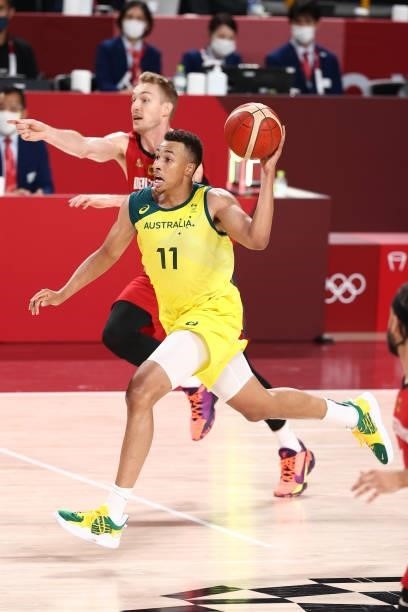 Dante Exum of the Australia Men's National Team drives to the basket during the game against the Germany Men's National Team during the 2020 Tokyo...