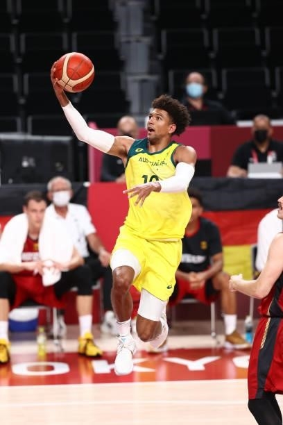 Matisse Thybulle of the Australia Men's National Team shoots the ball during the game against the Germany Men's National Team during the 2020 Tokyo...