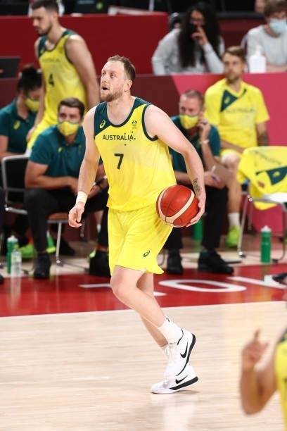 Joe Ingles of the Australia Men's National Team dribbles the ball during the game against the Germany Men's National Team during the 2020 Tokyo...