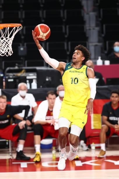 Matisse Thybulle of the Australia Men's National Team shoots the ball during the game against the Germany Men's National Team during the 2020 Tokyo...