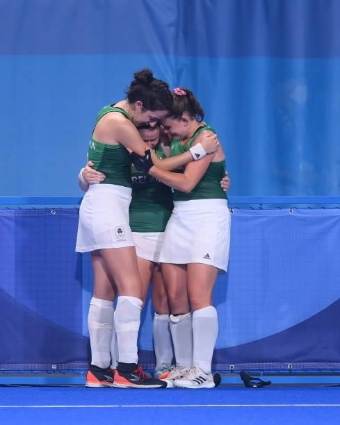 Tokyo , Japan - 31 July 2021; Ireland players, from left, Hannah McLoughlin, Shirley McCay and Lizzie Holden after their women's pool A group stage...
