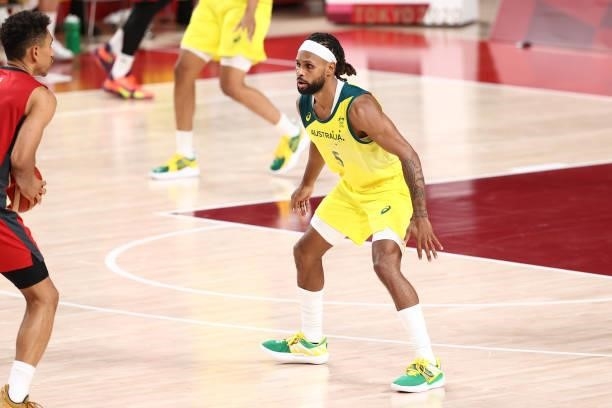Patty Mills of the Australia Men's National Team plays defense during the game against the Germany Men's National Team during the 2020 Tokyo Olympics...