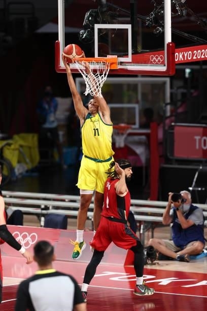 Dante Exum of the Australia Men's National Team shoots the ball during the game against the Germany Men's National Team during the 2020 Tokyo...