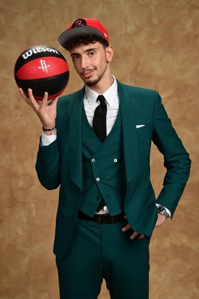 Alperen Sengun poses for a portrait after being drafted by the Houston Rockets during the 2021 NBA Draft on July 29, 2021 at Barclays Center in...