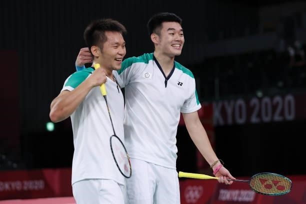 Lee Yang and Wang Chi-Lin of Team Chinese Taipei celebrate as they win against Li Jun Hui and Liu Yu Chen of Team China during the Men's Doubles Gold...