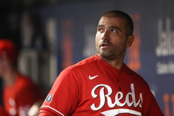 Joey Votto of the Cincinnati Reds is seen during the game between the Cincinnati Reds and the New York Mets at Citi Field on Friday, July 30, 2021 in...