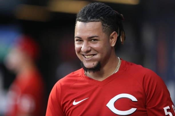 Luis Castillo of the Cincinnati Reds smiles during the game between the Cincinnati Reds and the New York Mets at Citi Field on Friday, July 30, 2021...