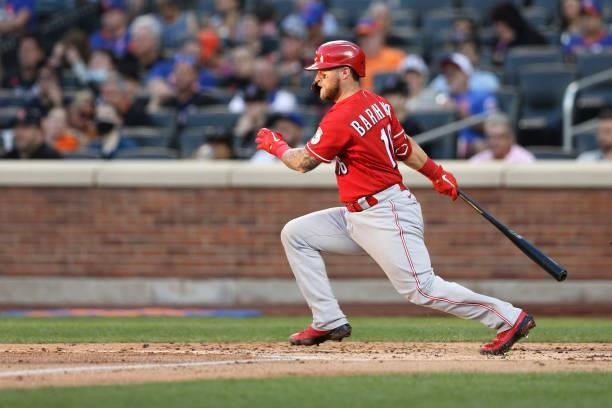Tucker Barnhart of the Cincinnati Reds bats during the game between the Cincinnati Reds and the New York Mets at Citi Field on Friday, July 30, 2021...