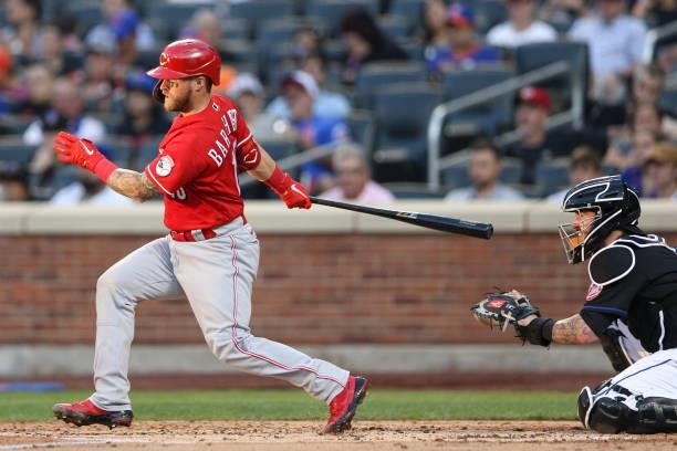 Tucker Barnhart of the Cincinnati Reds bats during the game between the Cincinnati Reds and the New York Mets at Citi Field on Friday, July 30, 2021...
