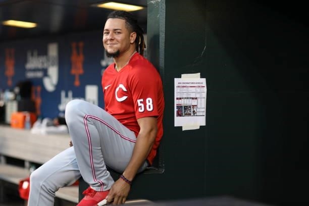 Luis Castillo of the Cincinnati Reds smiles during the game between the Cincinnati Reds and the New York Mets at Citi Field on Friday, July 30, 2021...