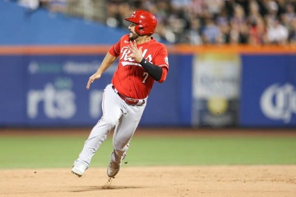 Eugenio Suárez of the Cincinnati Reds runs during the game between the Cincinnati Reds and the New York Mets at Citi Field on Friday, July 30, 2021...