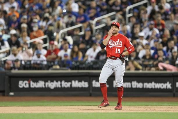Joey Votto of the Cincinnati Reds reacts during the game between the Cincinnati Reds and the New York Mets at Citi Field on Friday, July 30, 2021 in...