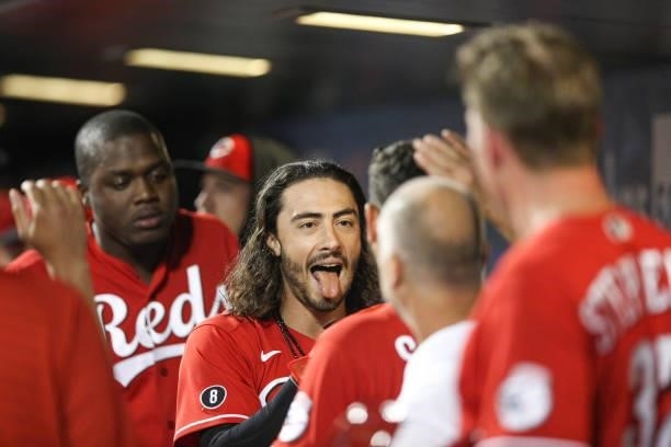 Jonathan India of the Cincinnati Reds celebrates after hitting his second home run of the game between the Cincinnati Reds and the New York Mets at...