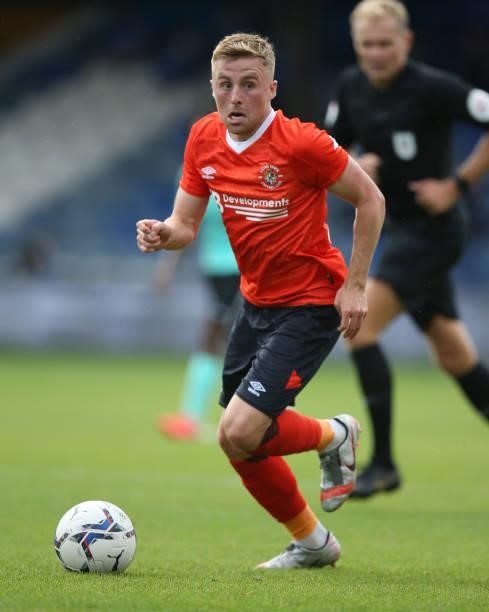 Joe Morrell of Luton Town during the pre-season friendly match between Luton Town and Brighton & Hove Albion at Kenilworth Road on July 31, 2021 in...