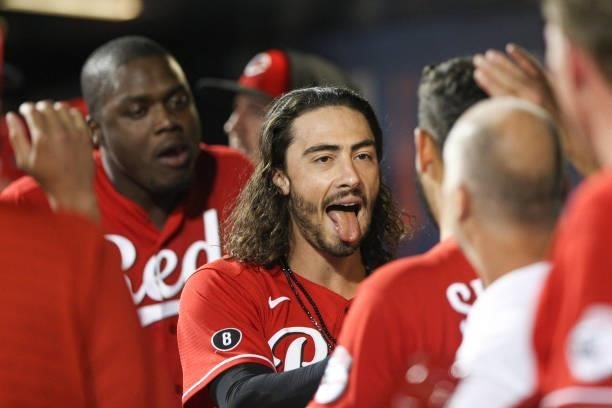 Jonathan India of the Cincinnati Reds celebrates after hitting his second home run of the game between the Cincinnati Reds and the New York Mets at...