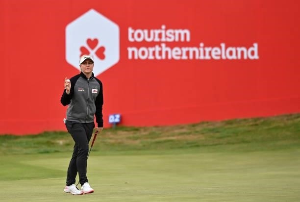 Charley Hull of England on the 18th during Day Three of The ISPS HANDA World Invitational at Galgorm Spa & Golf Resort on July 31, 2021 in Ballymena,...