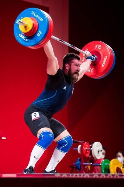 Yauheni Tsikhantsou of Belarus compete in the Men's 96kg Group B weightlifting competition on day eight of the Tokyo 2020 Olympic Games at Tokyo...