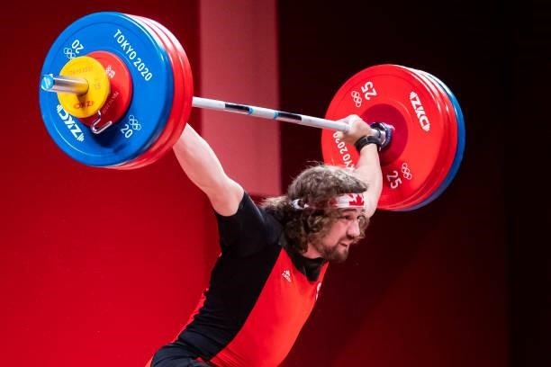 Boady Robertsantavy of Canada compete in the Men's 96kg Group B weightlifting competition on day eight of the Tokyo 2020 Olympic Games at Tokyo...