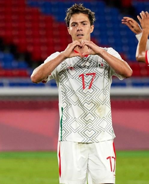 Sebastian Cordova of Mexico celebrates after scoring his teams goal during the Men's Quarter Final match between Republic Of Korea and Mexico on day...