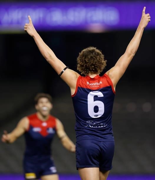 Luke Jackson of the Demons celebrates a goal during the 2021 AFL Round 20 match between the Gold Coast Suns and the Melbourne Demons at Marvel...