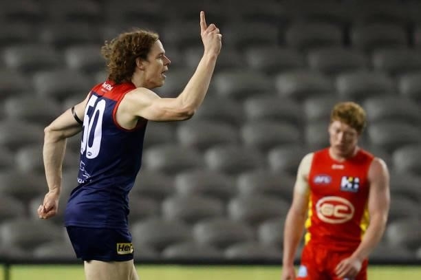 Ben Brown of the Demons celebrates a goal during the 2021 AFL Round 20 match between the Gold Coast Suns and the Melbourne Demons at Marvel Stadium...