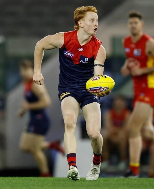 Jake Bowey of the Demons in action during the 2021 AFL Round 20 match between the Gold Coast Suns and the Melbourne Demons at Marvel Stadium on...