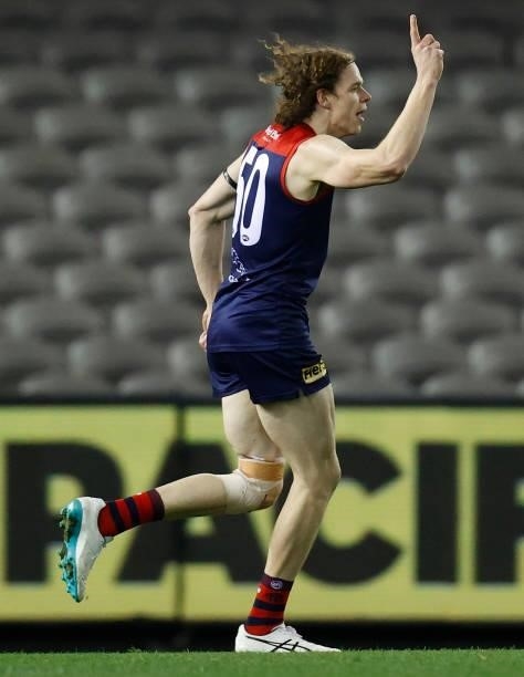Ben Brown of the Demons celebrates a goal during the 2021 AFL Round 20 match between the Gold Coast Suns and the Melbourne Demons at Marvel Stadium...
