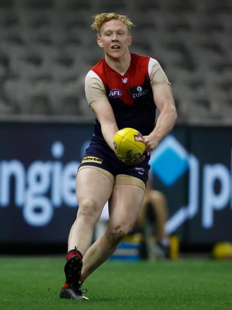Clayton Oliver of the Demons in action during the 2021 AFL Round 20 match between the Gold Coast Suns and the Melbourne Demons at Marvel Stadium on...