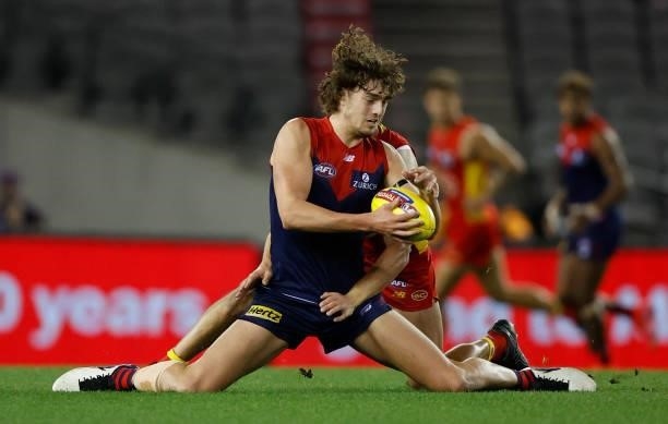 Luke Jackson of the Demons in action during the 2021 AFL Round 20 match between the Gold Coast Suns and the Melbourne Demons at Marvel Stadium on...