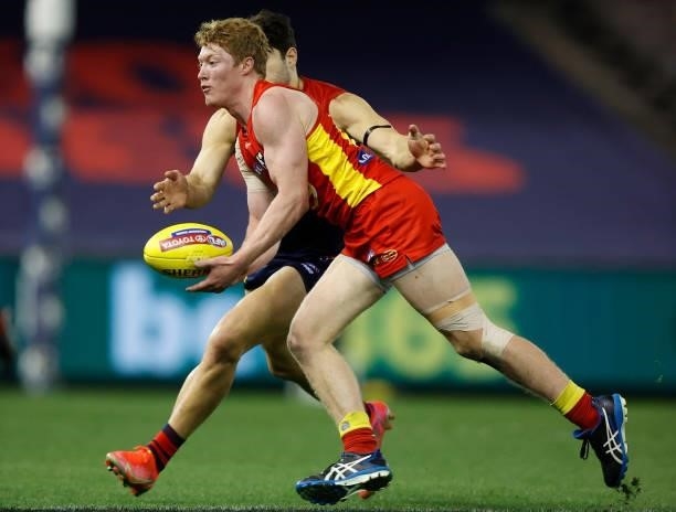 Matt Rowell of the Suns in action during the 2021 AFL Round 20 match between the Gold Coast Suns and the Melbourne Demons at Marvel Stadium on August...