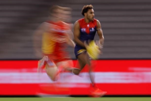 Kysaiah Pickett of the Demons in action during the 2021 AFL Round 20 match between the Gold Coast Suns and the Melbourne Demons at Marvel Stadium on...