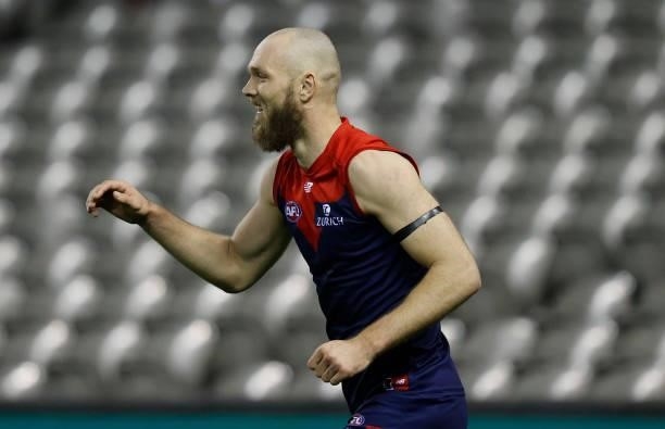 Max Gawn of the Demons celebrates during the 2021 AFL Round 20 match between the Gold Coast Suns and the Melbourne Demons at Marvel Stadium on August...