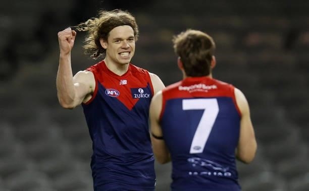 Jack Viney and Ben Brown of the Demons celebrate during the 2021 AFL Round 20 match between the Gold Coast Suns and the Melbourne Demons at Marvel...