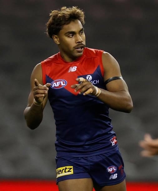 Kysaiah Pickett of the Demons celebrates a goal during the 2021 AFL Round 20 match between the Gold Coast Suns and the Melbourne Demons at Marvel...