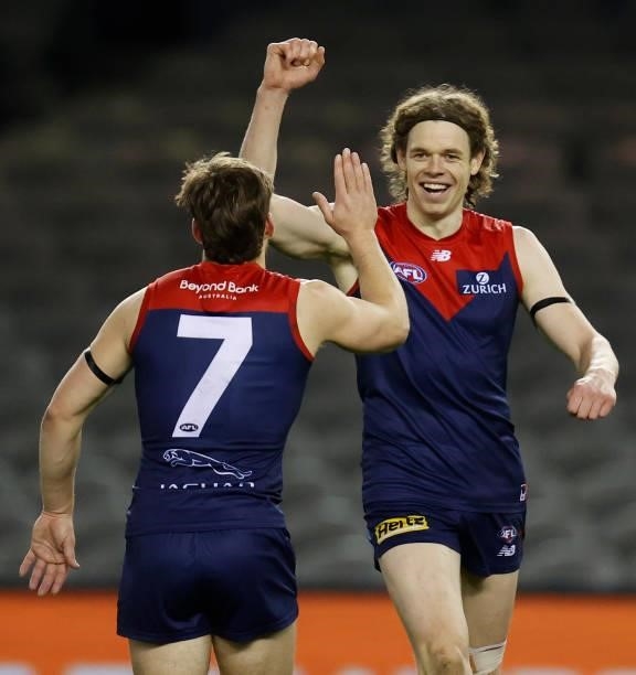 Jack Viney and Ben Brown of the Demons celebrate during the 2021 AFL Round 20 match between the Gold Coast Suns and the Melbourne Demons at Marvel...