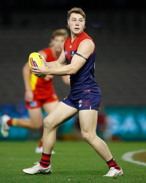 Tom Sparrow of the Demons in action during the 2021 AFL Round 20 match between the Gold Coast Suns and the Melbourne Demons at Marvel Stadium on...
