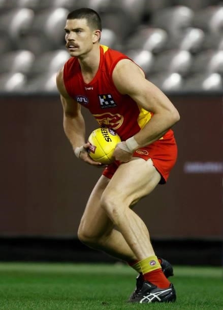 Sam Collins of the Suns in action during the 2021 AFL Round 20 match between the Gold Coast Suns and the Melbourne Demons at Marvel Stadium on August...