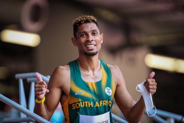 Wayde van Niekerk of South Africa, World and Olympic record holder in the mens 400m, is all smiles after he ran in the heats in the mens 400m during...