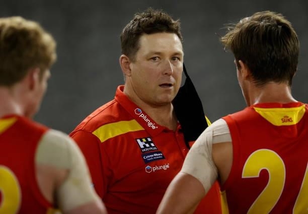 Stuart Dew, Senior Coach of the Suns is seen during the 2021 AFL Round 20 match between the Gold Coast Suns and the Melbourne Demons at Marvel...