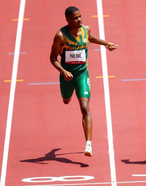 Zakithi Nene of South Africa runs in the heats of the mens 400m during the Athletics event on Day 9 of the Tokyo 2020 Olympic Games at the Olympic...