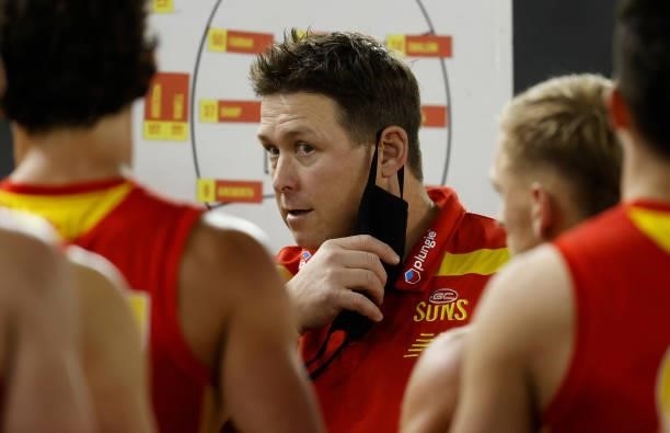 Stuart Dew, Senior Coach of the Suns is seen during the 2021 AFL Round 20 match between the Gold Coast Suns and the Melbourne Demons at Marvel...
