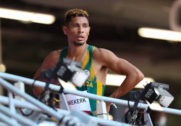 Wayde van Niekerk of South Africa, World and Olympic record holder in the mens 400m, conducts a post-race television interview after he ran in the...
