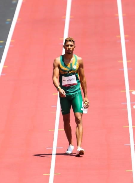 Wayde van Niekerk of South Africa, World and Olympic record holder in the mens 400m, walks to the start during the Athletics event on Day 9 of the...