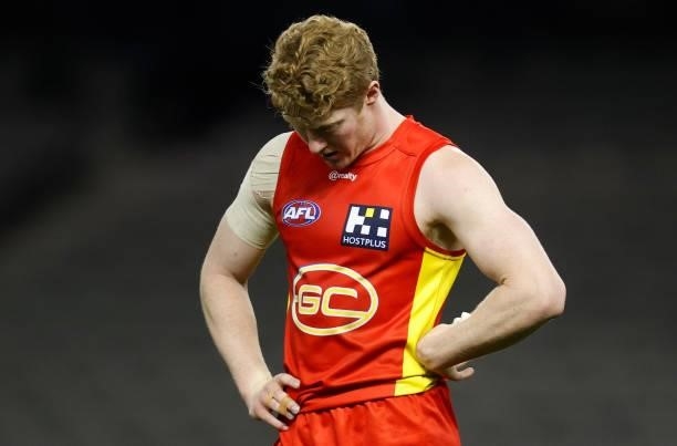 Matt Rowell of the Suns looks dejected after a loss during the 2021 AFL Round 20 match between the Gold Coast Suns and the Melbourne Demons at Marvel...