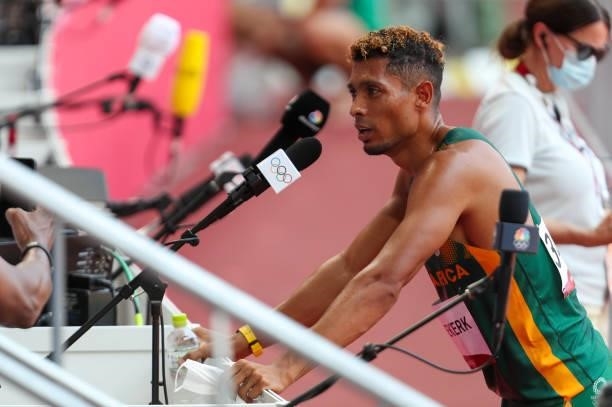 Wayde van Niekerk of South Africa, World and Olympic record holder in the mens 400m, conducts a post-race television interview after he ran in the...