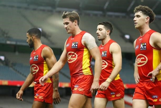 David Swallow of the Suns looks dejected after a loss during the 2021 AFL Round 20 match between the Gold Coast Suns and the Melbourne Demons at...