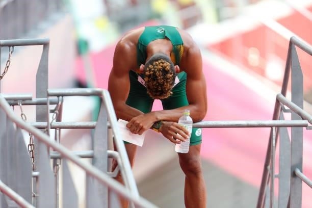 Wayde van Niekerk of South Africa, World and Olympic record holder in the mens 400m, is exhausted after he ran in the heats in the mens 400m during...