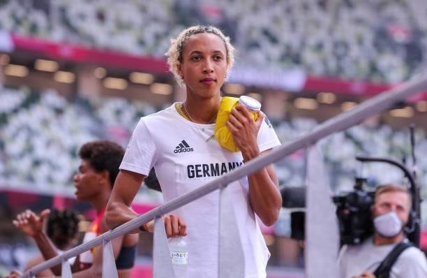 Malaika Mihambo of Germany hold a ice bag to cool off after she qualified for the final in the womens long jump during the Athletics event on Day 9...
