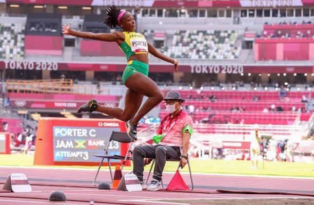 Chanice Porter of Jamaica in the qualification round of the womens long jump during the Athletics event on Day 9 of the Tokyo 2020 Olympic Games at...